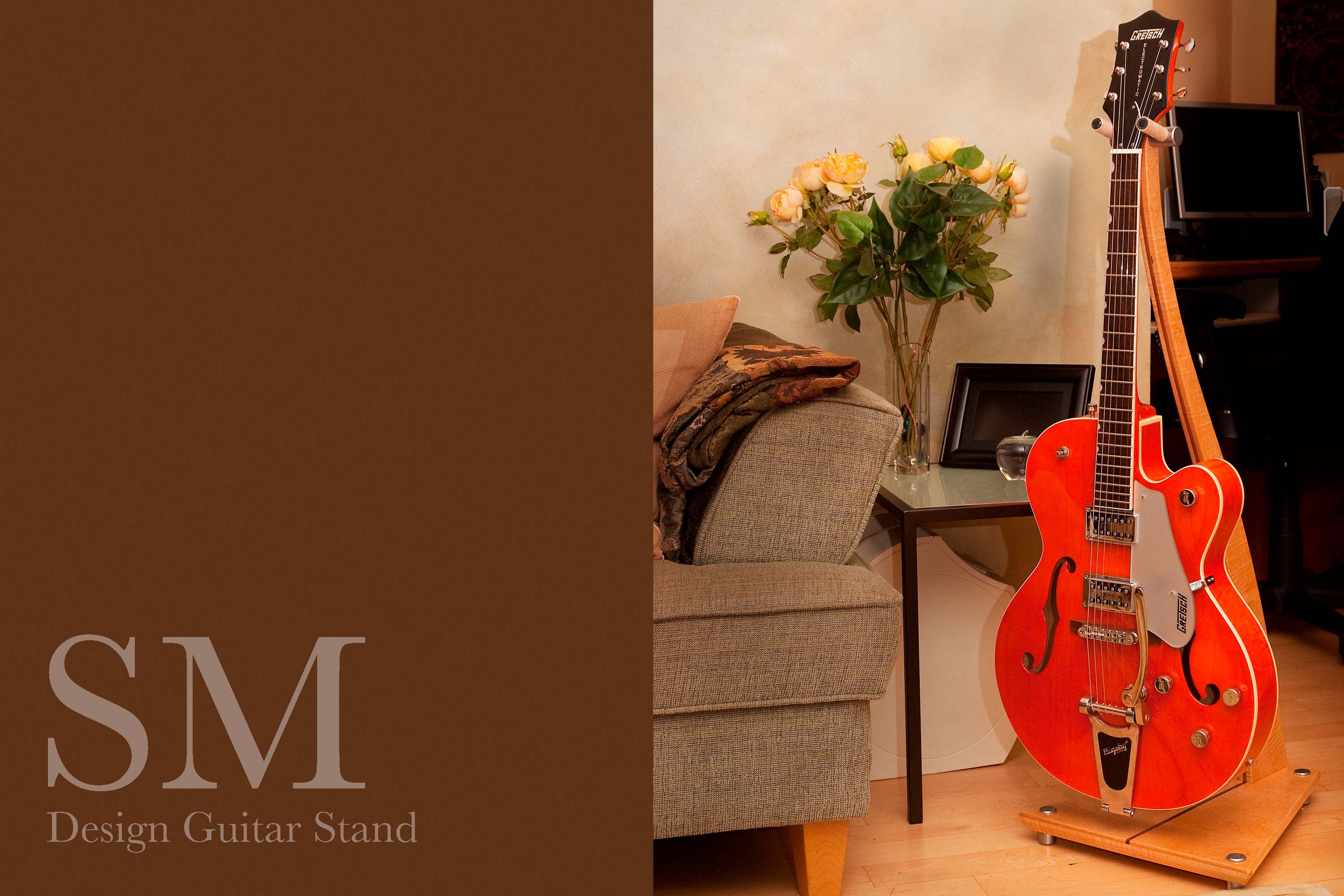 SM Guitar Stand in curly maple with metal feet.