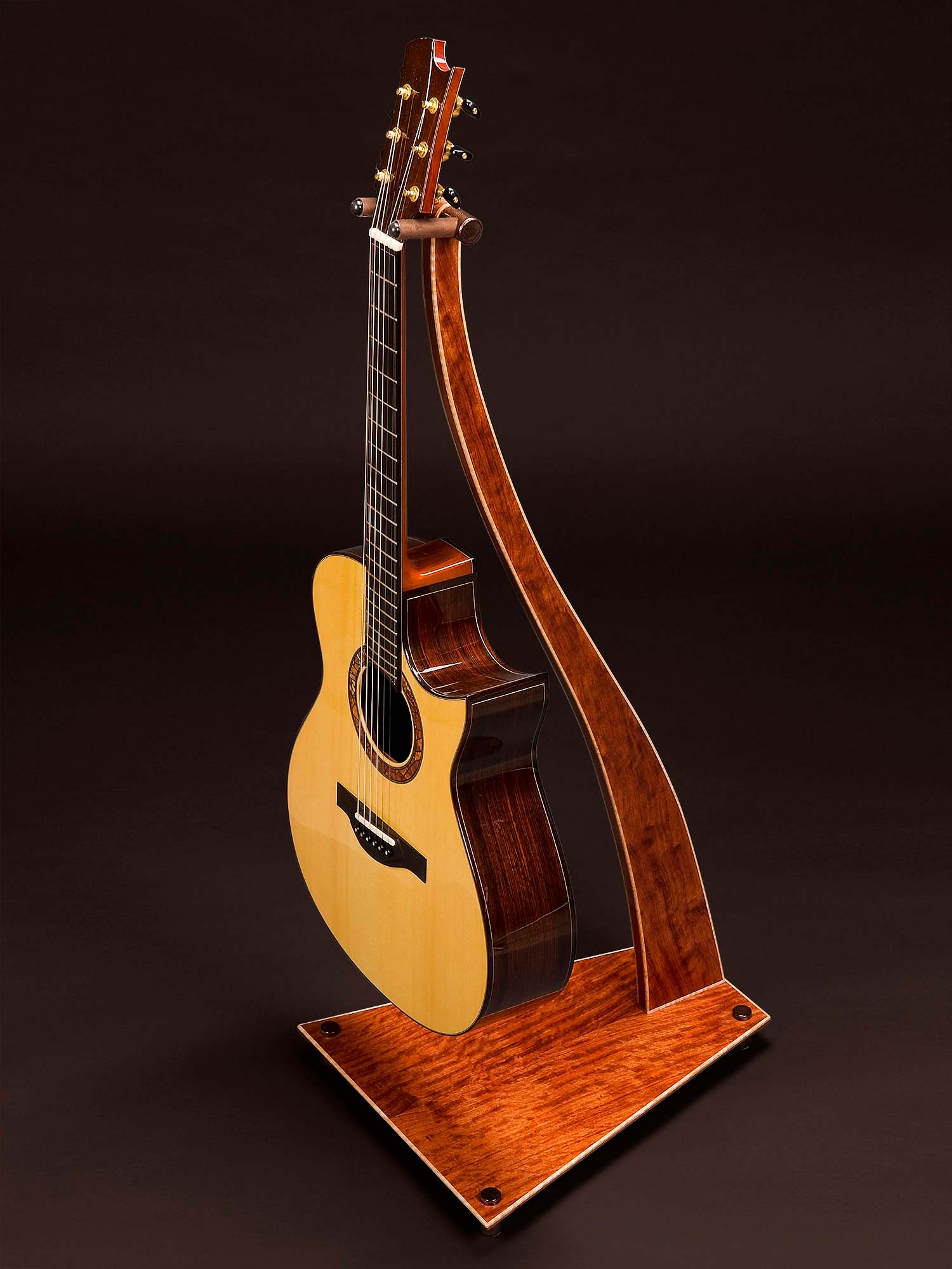 SM Guitar Stand in Bubinga with Curly Maple Binding.