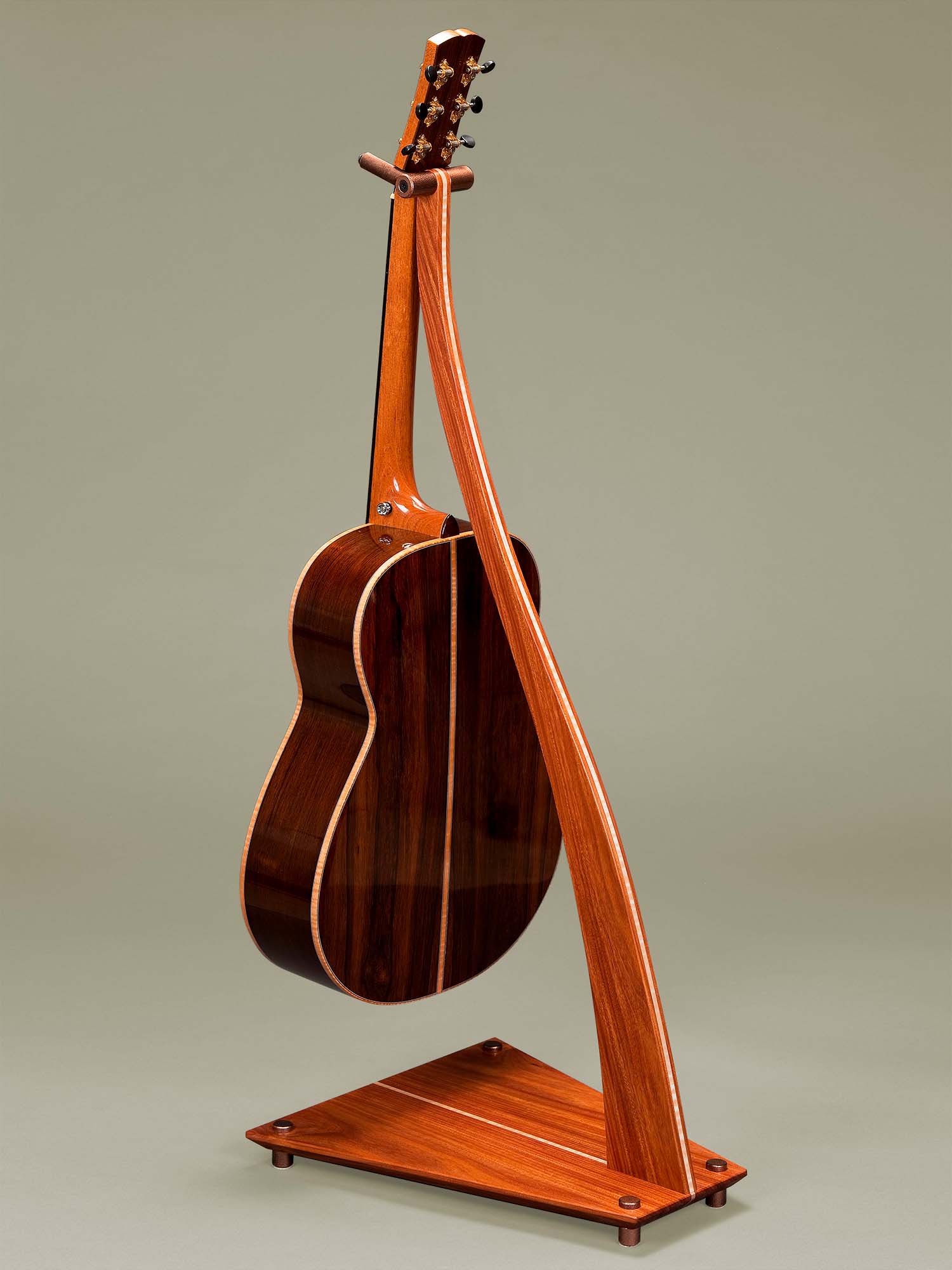 SM Guitar Stand in Santos Mahogany with Curly Maple Inlay.