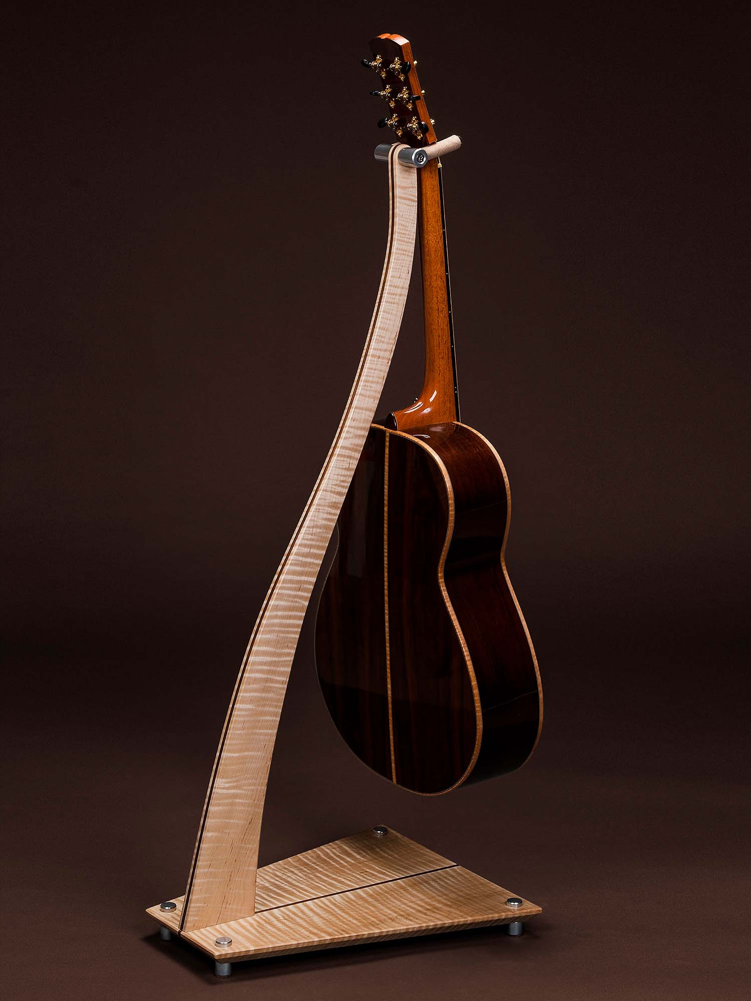 SM Guitar Stand in Curly Maple with Walnut Inlay.